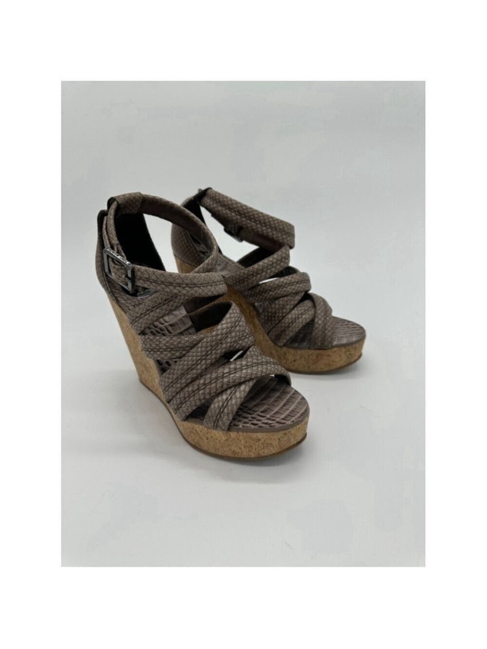 Tory Burch Wedge Sandals Taupe Snakeskin Size 6.5M - Picture 2 of 7